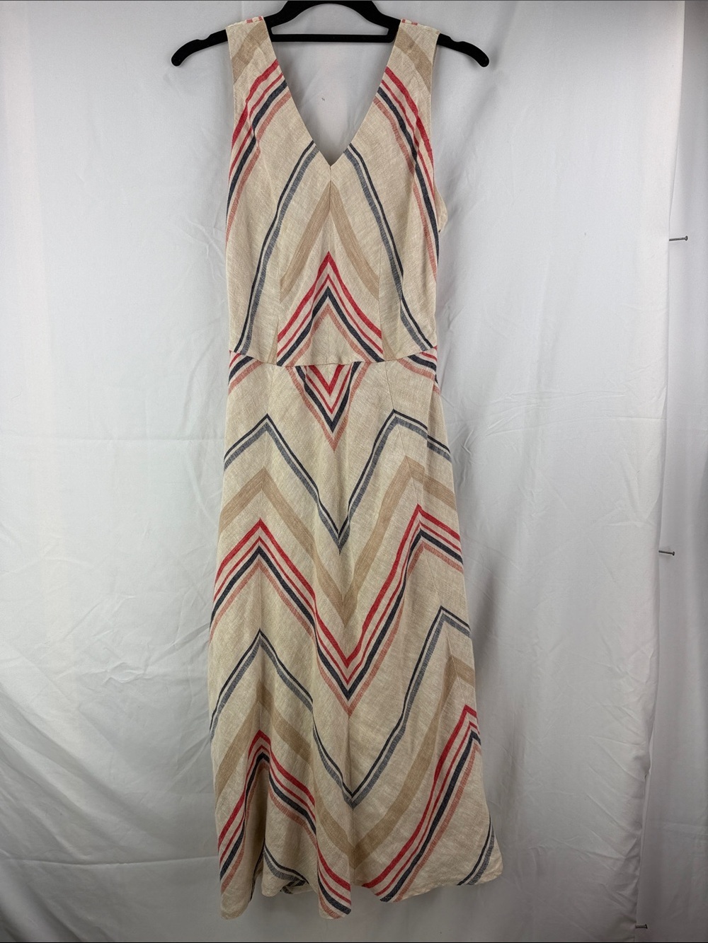 Lands’ End Women’s Size 2 Chevron Stripe V-Neck Beige Red Blue Linen Maxi Dress